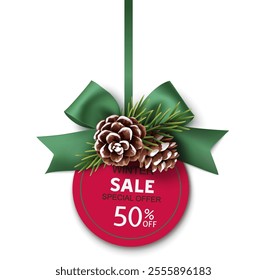 Decorative green bow, pine cone, fir twig with vertical ribbon and Christmas discount red price tag, winter sale special offer 50% off text isolated on white. New Year decoration. Vector illustration