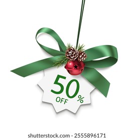 Decorative green bow, tied green rope, fir twigs, pine cones and Christmas red bell isolated on white. Vector star price tag with 50 % off text. New year or Christmas winter sale design template. 