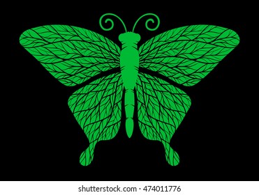 Decorative green butterfly, isolated on black background. Vector illustration.