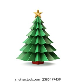 Árbol de Navidad verde decorativo con estrella dorada Xmas saludo juguete 3d ilustración vectorial realista. Figurio poligonal de picante de plástico lindo de juguete de invierno de vacaciones para celebración festiva