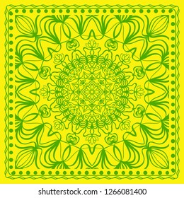 Decorative green color ornament on yellow background. Symmetric pattern with floral mandala. For Bandana, fabric print