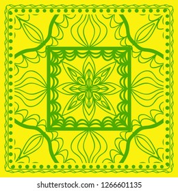 Decorative green color ornament on yellow background. Symmetric pattern with floral mandala. For Bandana, fabric print