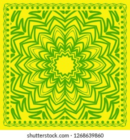 Decorative green color ornament on yellow background. Symmetric pattern with floral mandala. For Bandana, fabric print