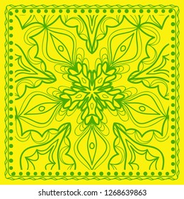 Decorative green color ornament on yellow background. Symmetric pattern with floral mandala. For Bandana, fabric print