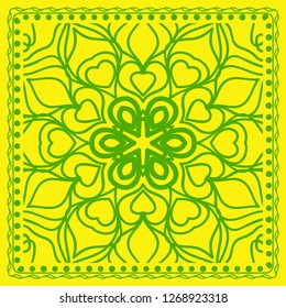 Decorative green color ornament on yellow background. Symmetric pattern with floral mandala. For Bandana, fabric print