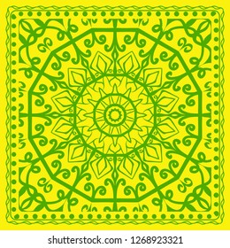 Decorative green color ornament on yellow background. Symmetric pattern with floral mandala. For Bandana, fabric print
