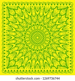 Decorative green color ornament on yellow background. Symmetric pattern with floral mandala. For Bandana, fabric print