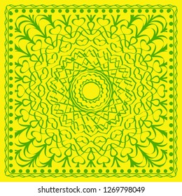 Decorative green color ornament on yellow background. Symmetric pattern with floral mandala. For Bandana, fabric print
