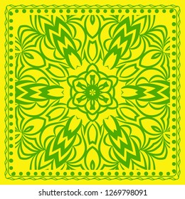 Decorative green color ornament on yellow background. Symmetric pattern with floral mandala. For Bandana, fabric print