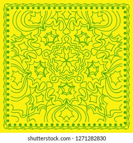 Decorative green color ornament on yellow background. Symmetric pattern with floral mandala. For Bandana, fabric print