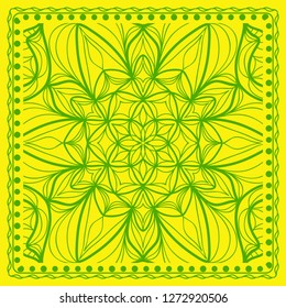 Decorative green color ornament on yellow background. Symmetric pattern with floral mandala. For Bandana, fabric print