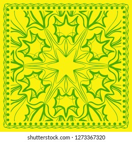 Decorative green color ornament on yellow background. Symmetric pattern with floral mandala. For Bandana, fabric print
