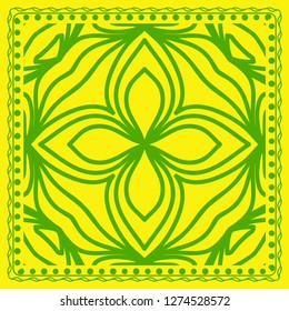 Decorative green color ornament on yellow background. Symmetric pattern with floral mandala. For Bandana, fabric print