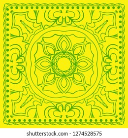 Decorative green color ornament on yellow background. Symmetric pattern with floral mandala. For Bandana, fabric print