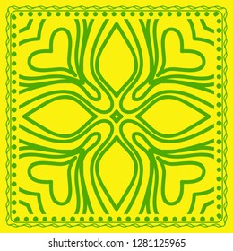 Decorative green color ornament on yellow background. Symmetric pattern with floral mandala. For Bandana, fabric print