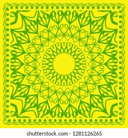 Decorative green color ornament on yellow background. Symmetric pattern with floral mandala. For Bandana, fabric print