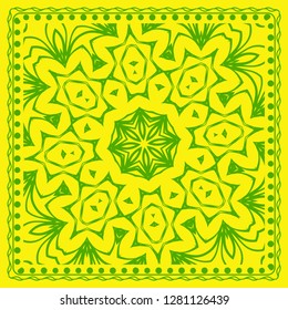 Decorative green color ornament on yellow background. Symmetric pattern with floral mandala. For Bandana, fabric print