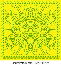Decorative green color ornament on yellow background. Symmetric pattern with floral mandala. For Bandana, fabric print