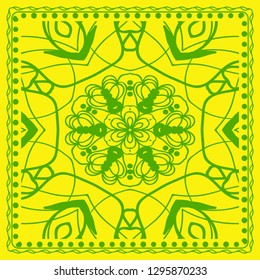 Decorative green color ornament on yellow background. Symmetric pattern with floral mandala. For Bandana, fabric print