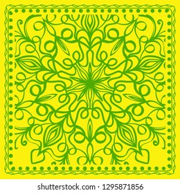 Decorative green color ornament on yellow background. Symmetric pattern with floral mandala. For Bandana, fabric print
