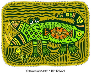 Decorative green crocodile on the background of the swamp with candy and chicken. Text on the  candy,  sweet.