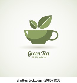 Decorative green cup tea with couple of leaves design icon white background poster print abstract vector illustration