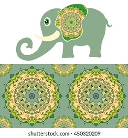 Decorative green elephant. Vector cartoon animal with seamless floral geometric mandala pattern, tribal ethnic ornamental border, isolated elements for scrapbook, invitation or greeting card design