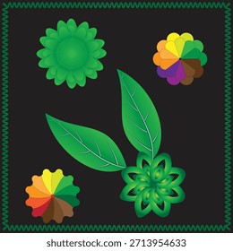 Patrón floral verde decorativo con flores estilizadas, hojas y motivos circulares coloridos sobre un fondo oscuro. Perfecto para el diseño textil, artesanías, Fondos de pantalla, embalaje y arte decorativo proj