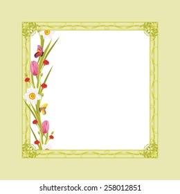 Decorative green frame with spring flowers and butterflies. Vector