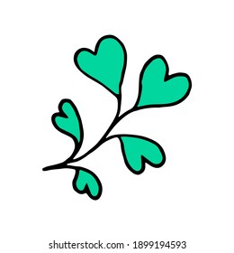 Decorative green leaf, black outline on a white background. Linear vector drawing. Doodle floral element for design of greeting cards, prints, textiles, background, coloring.