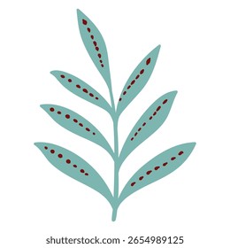 Hoja Verde Decorativa Con Puntos Rojos. Planta silvestre delicada de la historieta. Hierba de la naturaleza linda perfecta para invitaciones, tarjetas, carteles, vacaciones, pegatinas