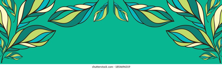 Decorative Green leaves ornament. Horizontal Vector template for web design, invitation, cards and friendly product decoration.