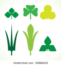 Decorative green leaves pattern set isolated on white vector. Various shapes of green leaves. Elements for eco and bio logos
