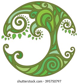 decorative green life tree, vector illustration, round ornament