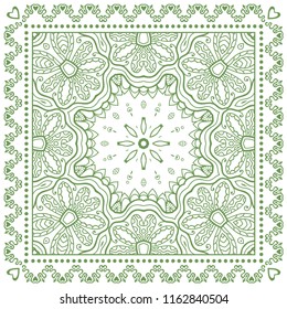 Decorative green line ornament on white background, symmetric pattern with doodle lace frame. Tribal ethnic mandala decor. Bandana shawl, tablecloth fabric print, silk neck scarf, kerchief design