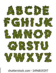 Decorative Green Marijuana Alphabet Set With Isolated Fonts Design In Weed Cannabis Hemp Buds Stylization. Modern Vector Cartoon Illustration Ganja Typography Letters Design For Lettering Print.