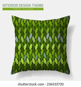 Decorative Green Pattern Throw Pillow design template. Natural pattern in Eco style is complete, masked. Interior design element. Creative Sofa Toss Pillow. Vector design is layered, editable.