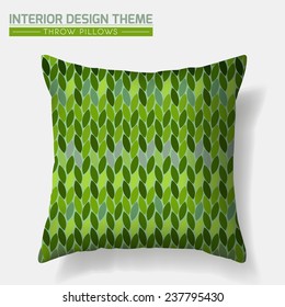 Decorative Green Pattern Throw Pillow design template. Natural pattern in Eco style is complete, masked. Interior design element. Creative Sofa Toss Cushion. Vector design is layered, editable.