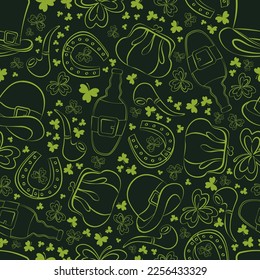 Decorative green patterns with traditional st. Patrick hand drawing dark background