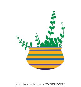 Decorative Green Plant in Colorful Pot Vector illustration. Potted Houseplant, Indoor Decor, Botanical Illustration, Foliage Clipart, Nature Art, Tropical Leaf, Home Garden, Minimalist, Modern art. 