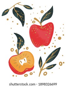 Decorative green and red apple slices  with green leaves and gold dots. Flat vector hand drawn cartoon doodle style simple sketch moden trendy illustration