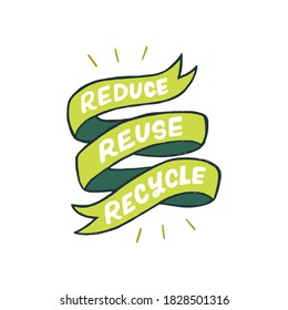 Decorative green ribbon with three main words of ecology consumption. Hand drawn lettering slogan Reduce Reuse Recycle. Typographic zero waste phrase for print, apparel, banner, t shirt, merch, poster
