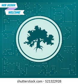 Decorative green simple tree icon on a green background, with arrows in different directions. It appears on the electronic board. Vector illustration