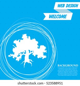 Decorative green simple tree icon on a blue background with abstract circles around and place for your text. Vector illustration