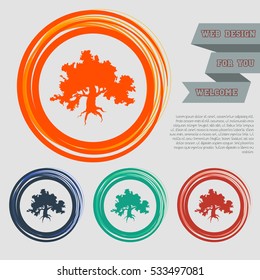 Decorative green simple tree icon on the red, blue, green, orange buttons for your website and design with space text. Vector illustration