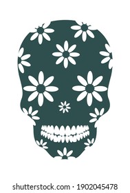 Decorative green skull with flowers on a white background. Template for printing on T-shirts, poster, pillows, gliders. Vector illustration.