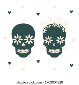 Decorative green skull with pink flowers on a white background. Template for printing on T-shirts, poster, pillows, gliders. Vector illustration.