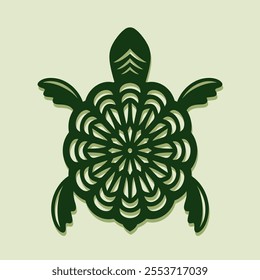 Decorative green turtle. An aquatic mammal with an abstract pattern on its shell. Template for plotter laser cutting of paper, fretwork, wood carving, metal engraving, cnc. Vector illustration.