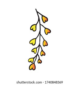 Decorative green willow branch with leaves, black outline on a white background. Linear vector drawing. Doodle element for design of greeting cards, prints, textiles, background, coloring.
