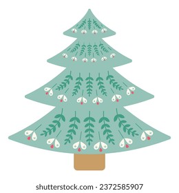Decorative green winter tree in Scandinavian style with flowers. Flat style. Vector illustration.